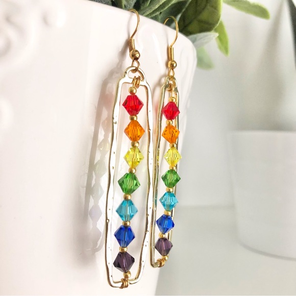 New Sparkling Glass Crystal 18k Gold Plated Hooks Dangling Hoop Rainbow Earrings - Picture 5 of 11
